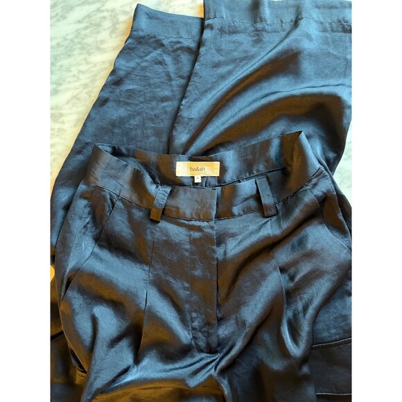 Ba&sh Cary Cargo Style Wide Leg Pants Deep Navy Blue Satin Sz 34/XS - Picture 7 of 13